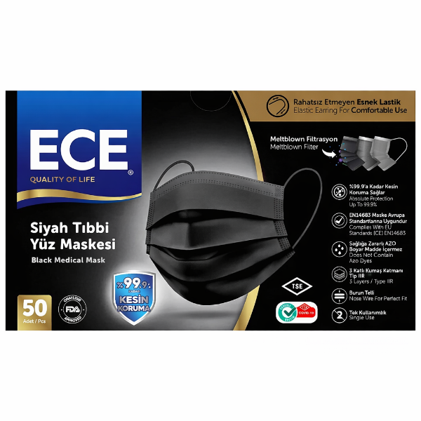 Ece 3 Katlı Siyah Cerrahi Maske Telli 50'li